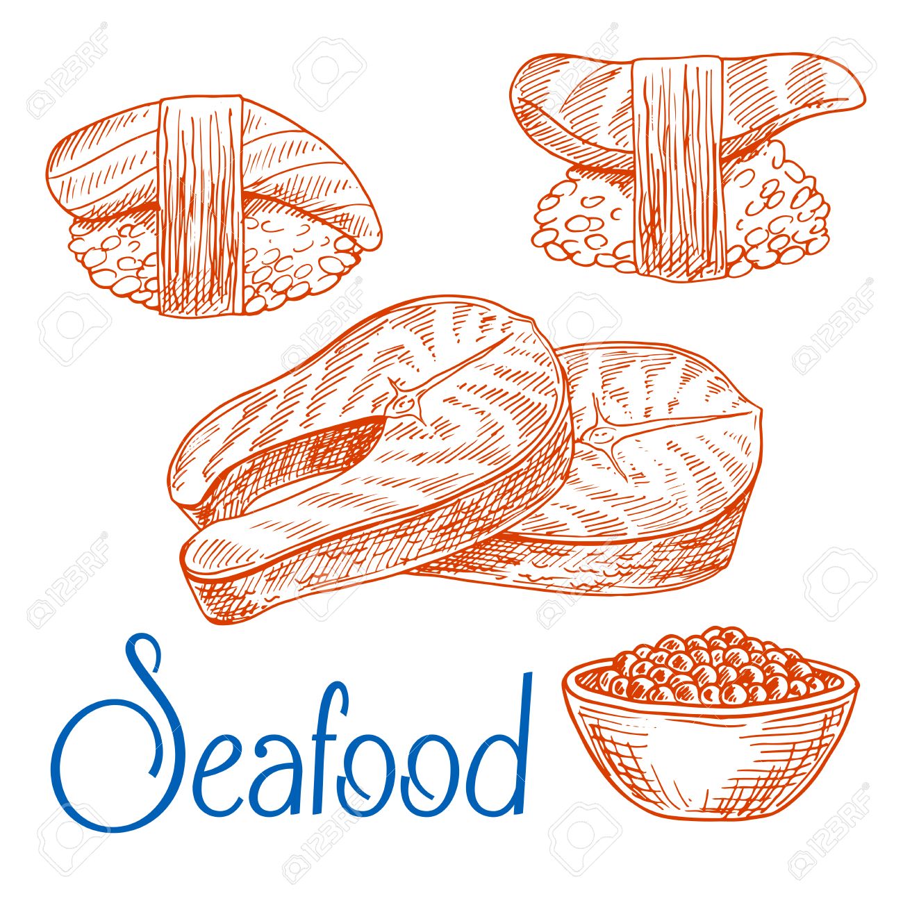 1300x1300 Seafood Dishes Sketch Drawings With Fresh Salmon Steaks, Sushi