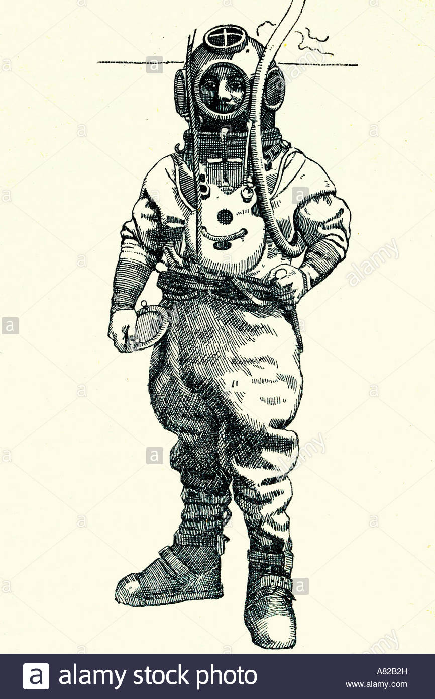 866x1390 Antique Diving Suit. Antique Illustration. 1933 Stock Photo