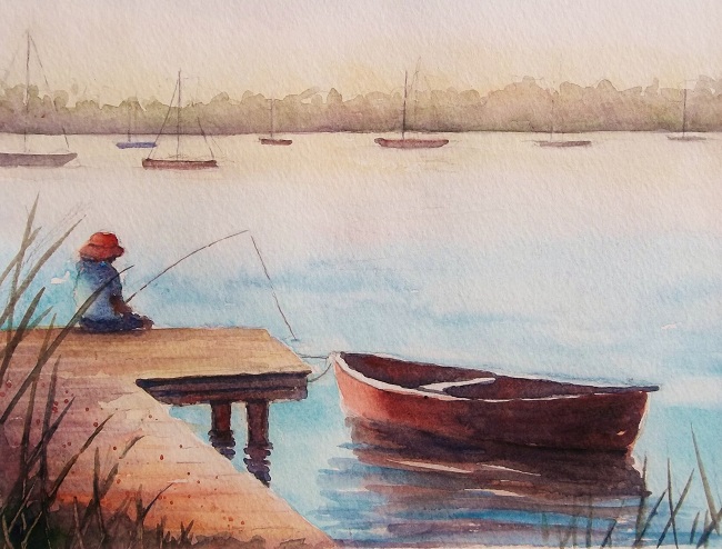 650x494 Fishing Off A Dock Painting