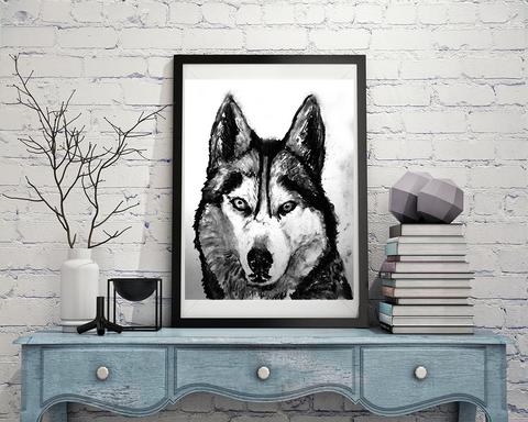 480x384 Husky Dog Art Print, Black And White, Husky Dog,charcoal Drawing