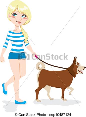 346x470 Girl Walking Dog. Young Pretty Blond Girl Walking With Dog Vector