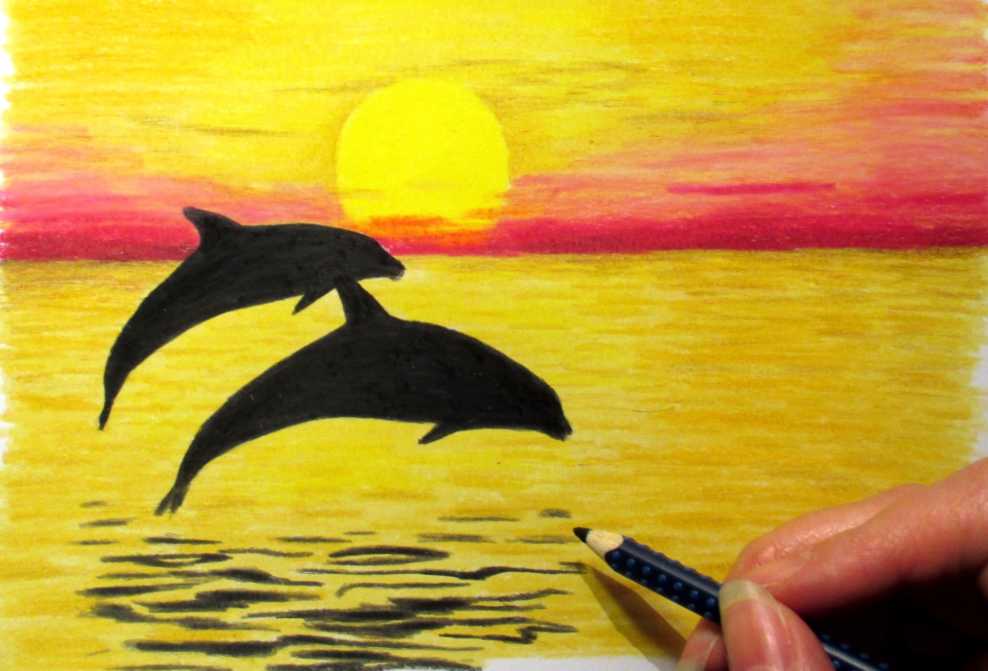 2000x1359 Landscape In Colored Pencil Sunset And 2 Dolphins Drawing