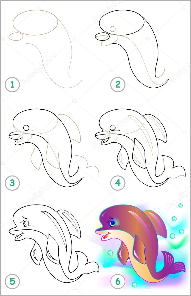662x1023 Page Shows How To Learn Step By Step To Draw A Dolphin. Stock