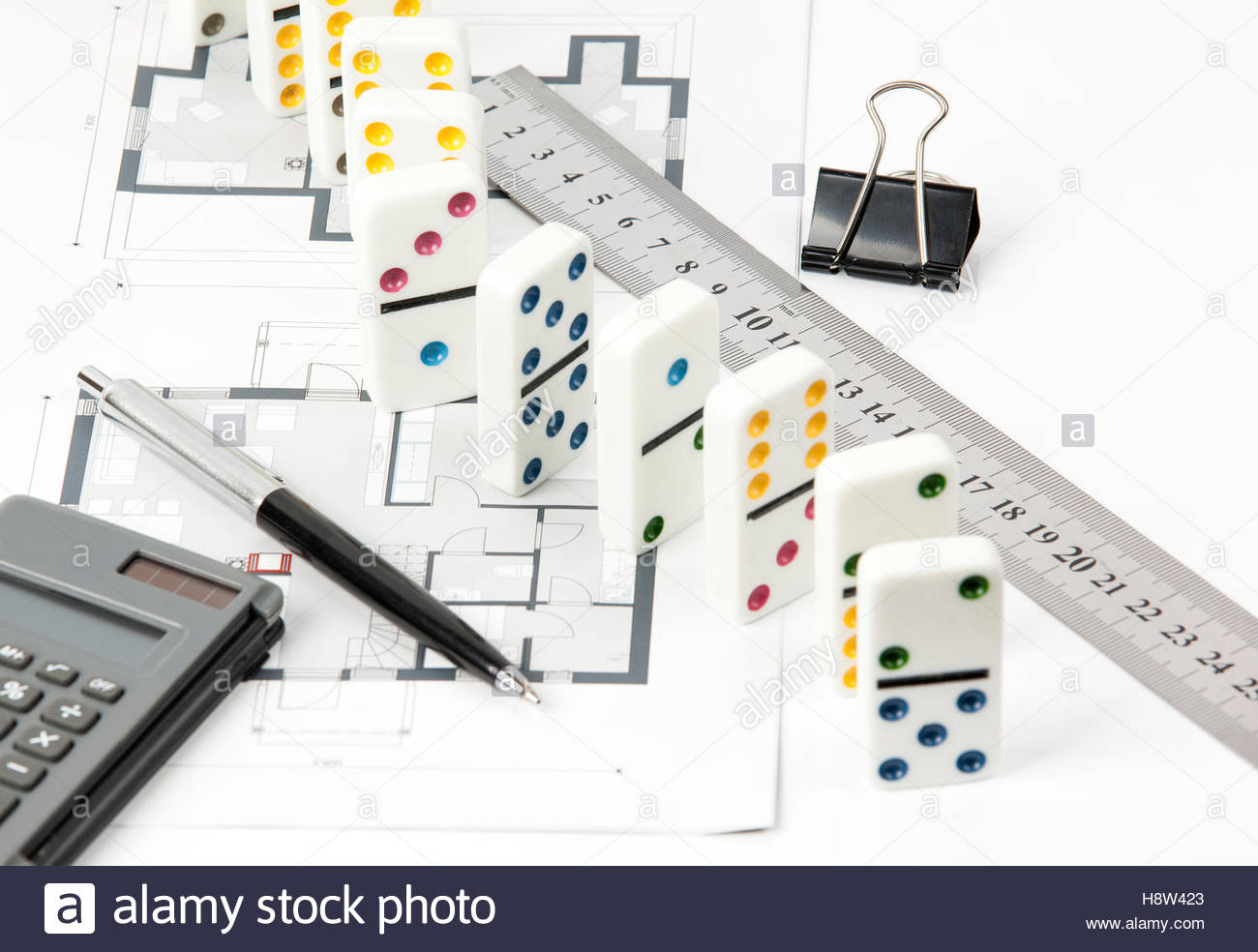 1300x984 Home Plan, Calculator, Ruler, Pen, Domino Pieces Stock Photo