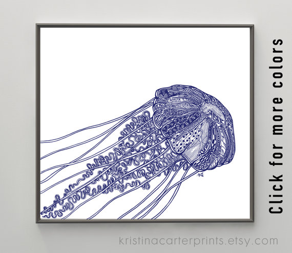 570x494 Navy Jellyfish Drawing, Digital Zentangle, Unique Art