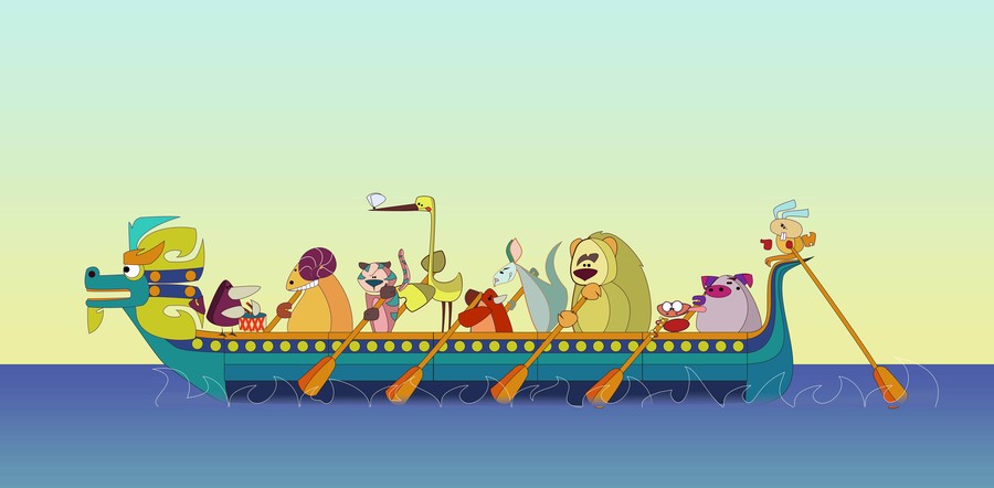 900x442 Two Doodle Style 12 Animals On Dragon Boat Drawing Illustration