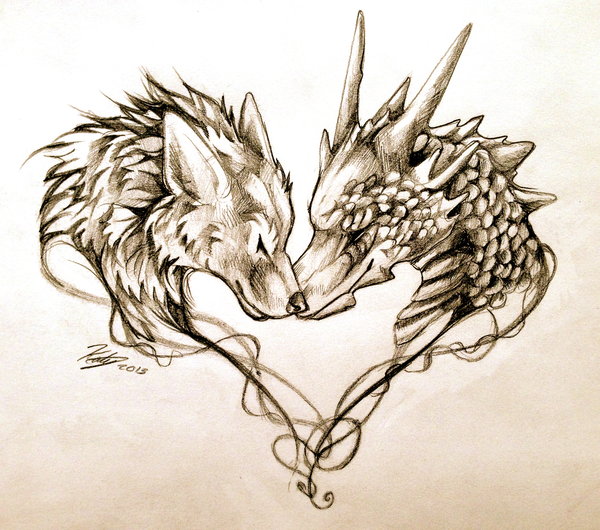 600x530 Dragon And Wolf Tattoo Design By Lucky978
