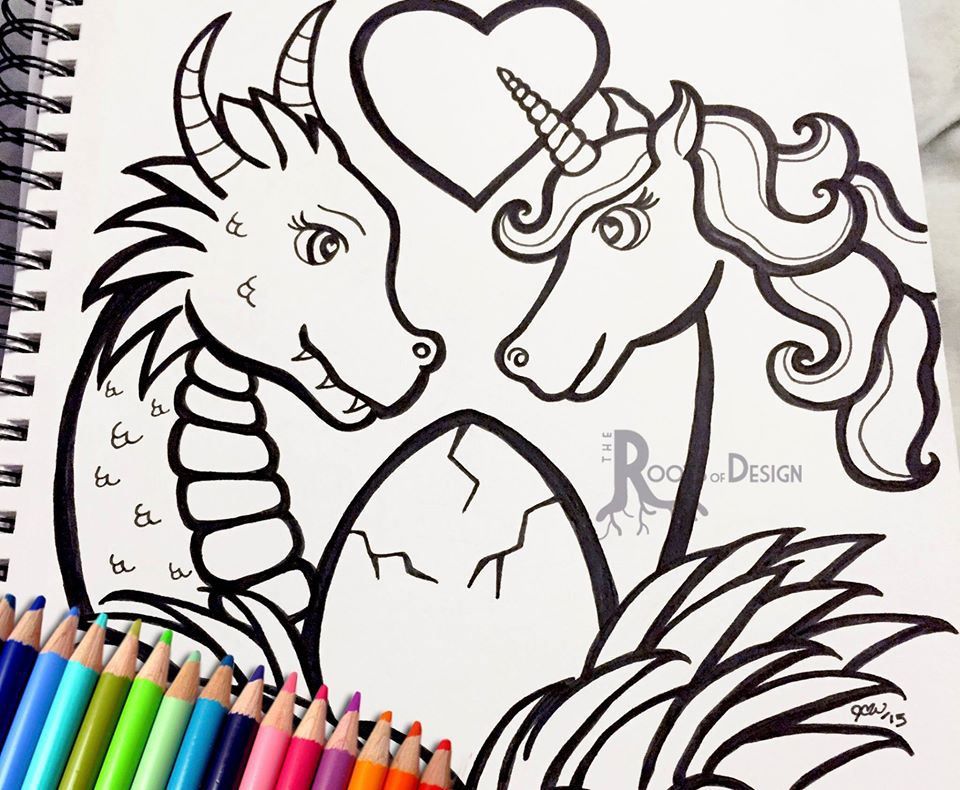 960x790 Dragon Unicorn Hearts And Love Adult Coloring Page Book All