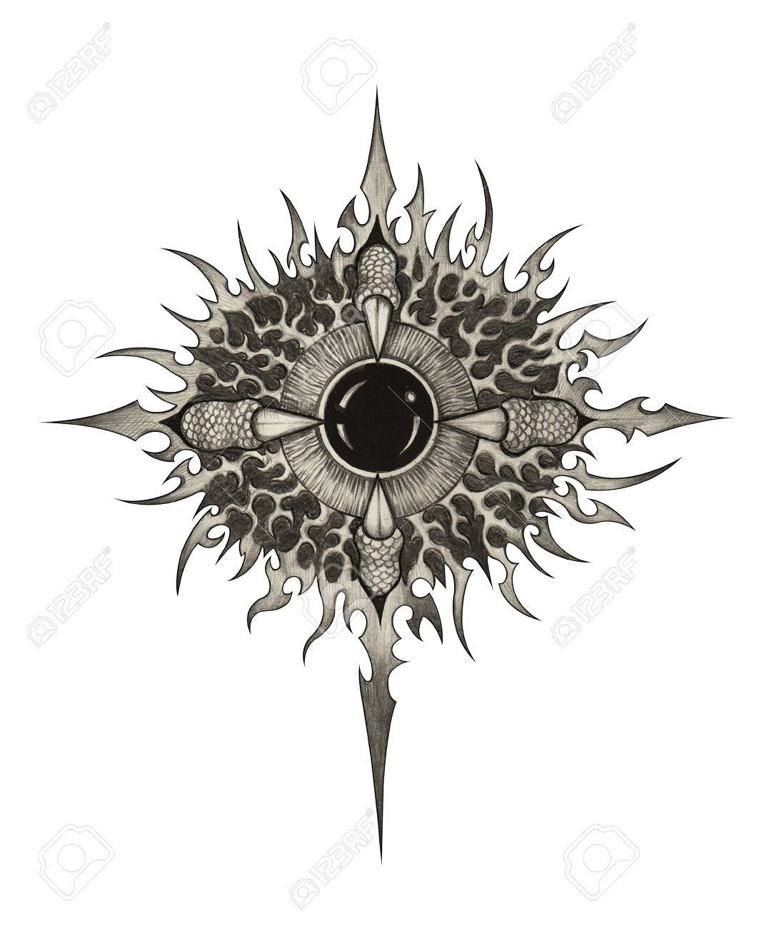 1077x1300 Art Surreal Eye Dragon Tattoo.hand Drawing On Paper. Stock Photo