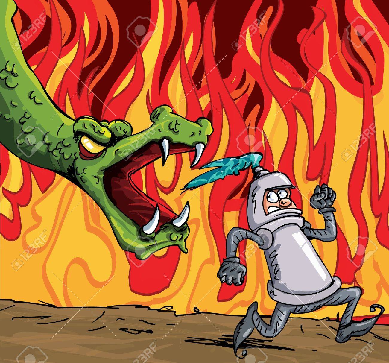1300x1213 Cartoon Of A Knight Running From A Fierce Dragon. Fire In