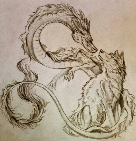 474x493 Tattoo Idea Of Wolf And Dragon Chinese Dragon Together Design Ink