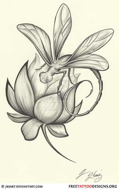 456x725 Lotus Flower And Dragonfly Tattoo Design