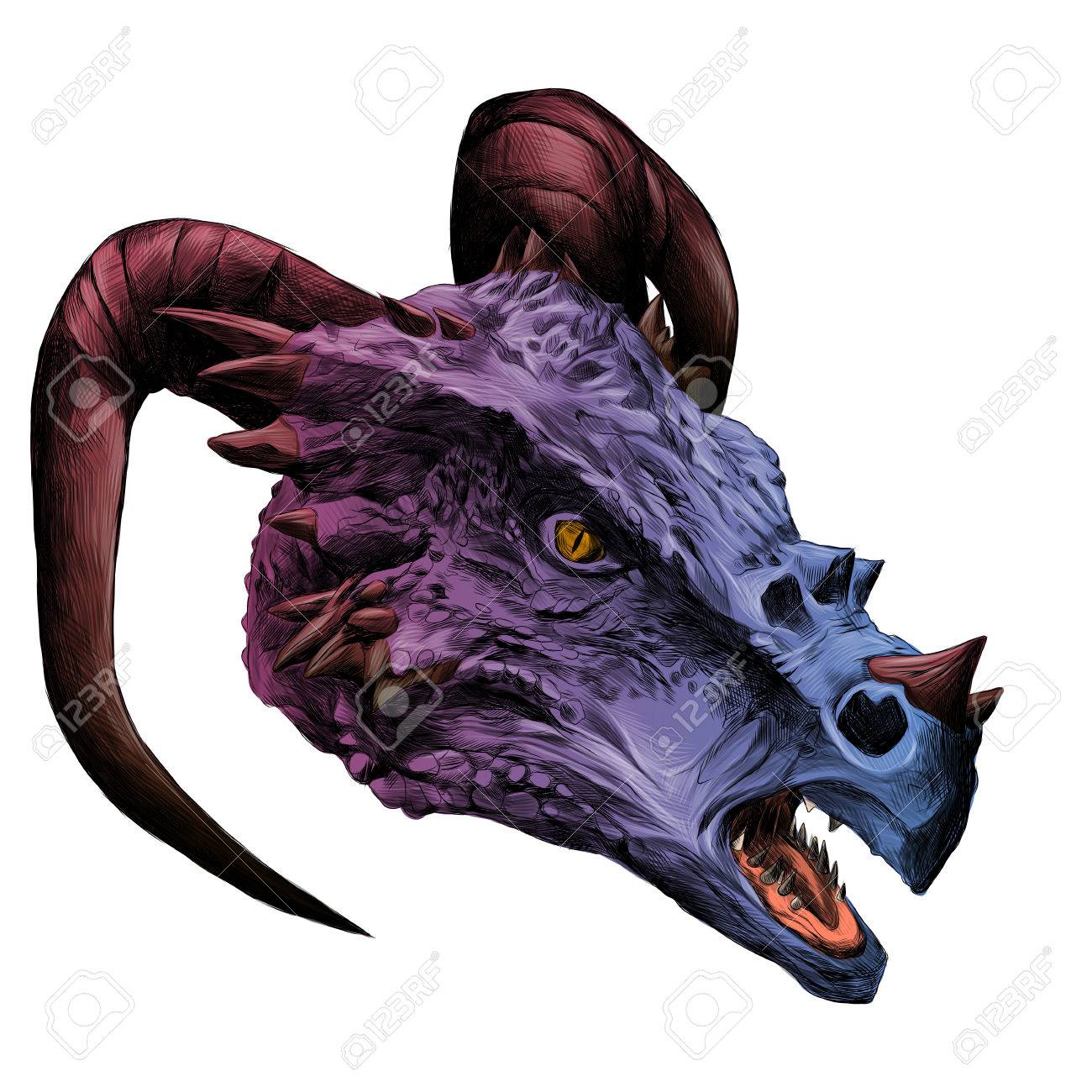 1300x1300 Dragon Head With Horns Sketch Vector Graphics Colored Drawing