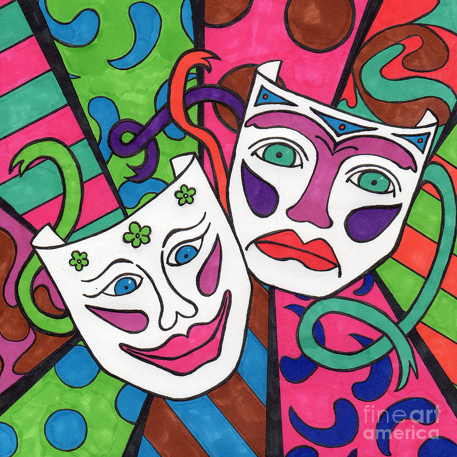 900x900 Drama Masks Drawing By Susan Cliett