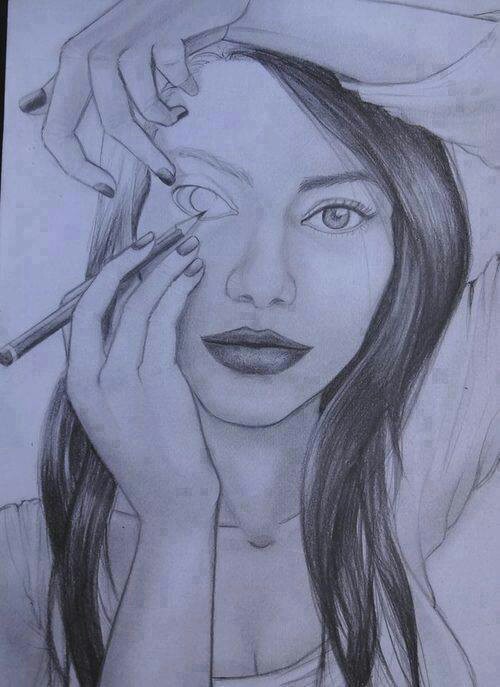500x687 Girl In Drawing Drawing Her Right Eye For Drawing In