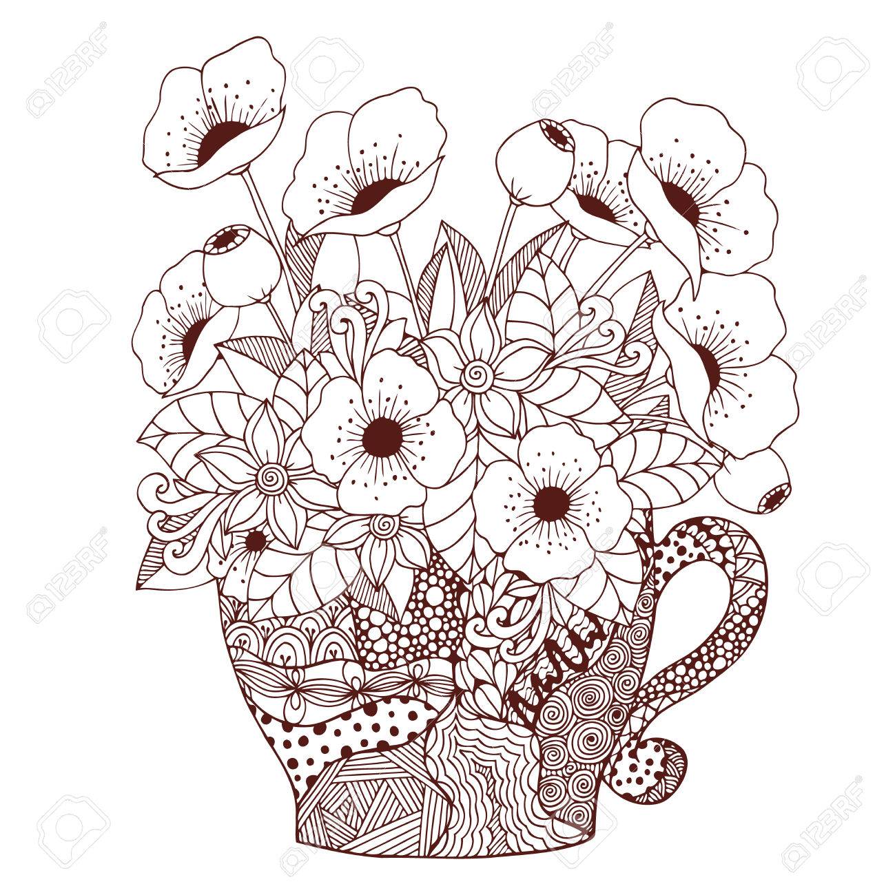 1299x1300 Vector Illustration Zen Tangle, Cup And Poppies. Doodle Drawing