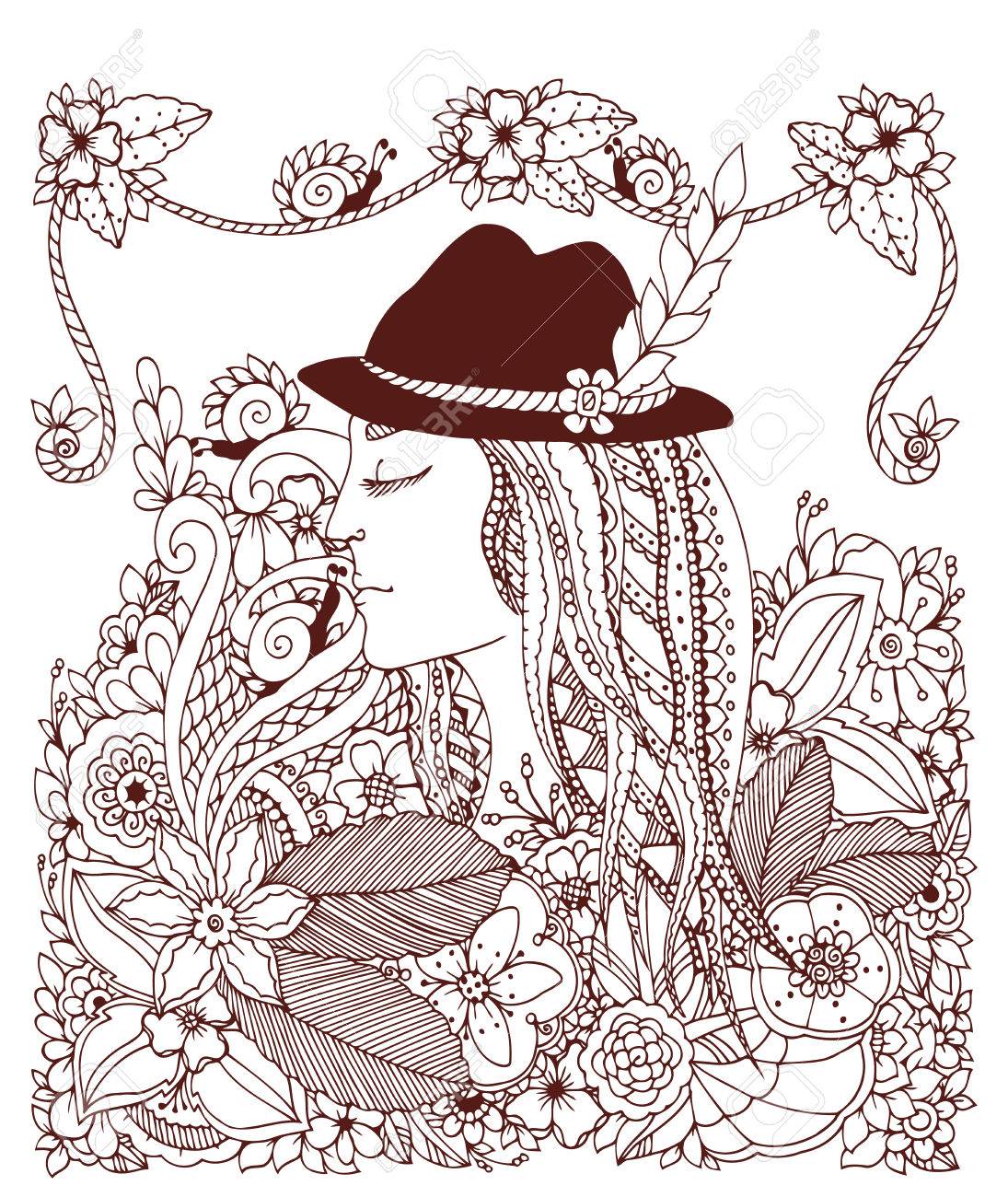 1095x1300 Vector Illustration Zen Tangle Girl In Hat And Flowers. Doodle