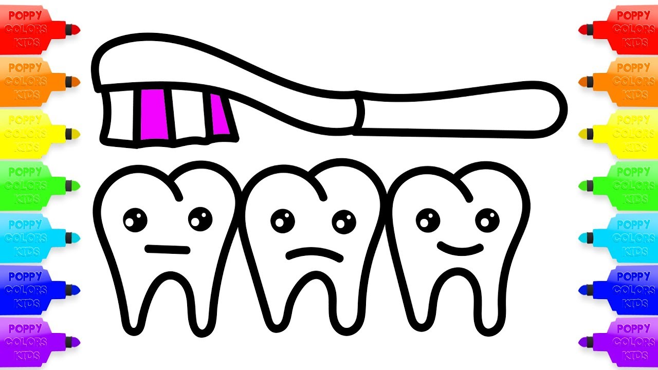 1280x720 Coloring Book Teeth For Baby. How To Draw Toothbrush
