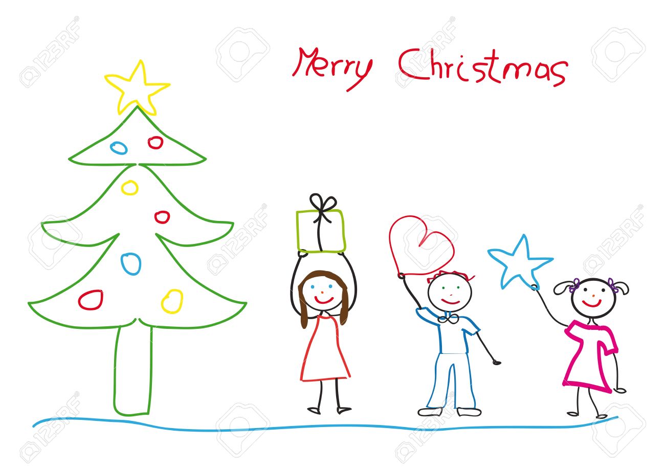 1300x919 Kids Drawing With Christmas Tree And Children Royalty Free