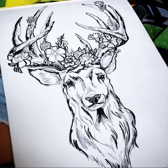 640x640 Stag With Flowers Tattoos Tattoo