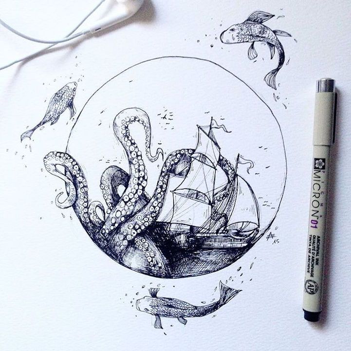 721x721 Intricate Pen Drawings Interweave Elements Of The Natural World
