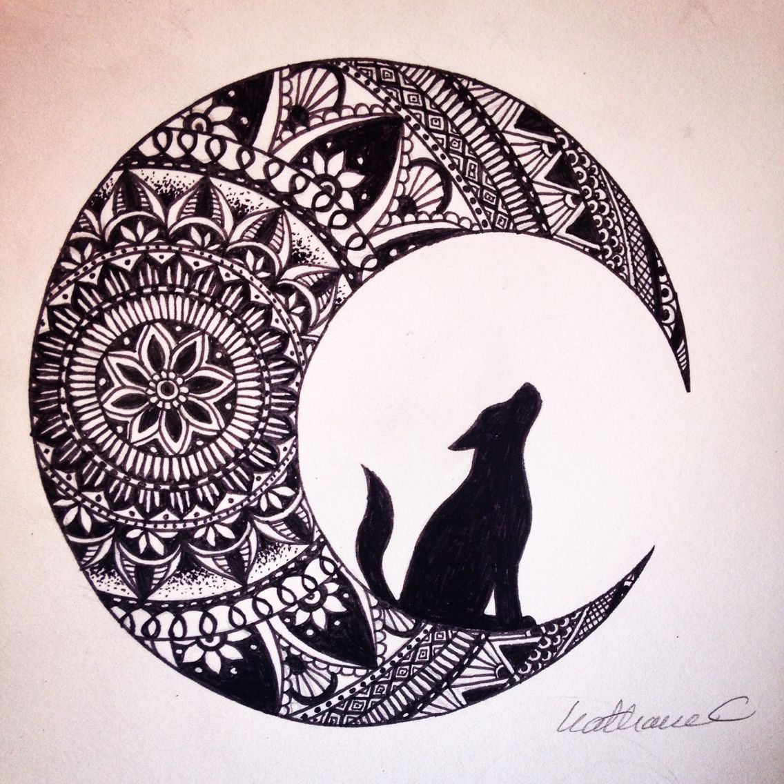 1136x1136 Wolf In The Moon Black Ink Mandala Drawing