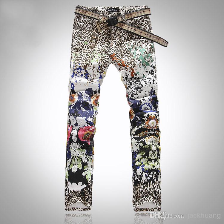 750x750 Men's Leopard Print Colored Drawing Flower Male Slim Jeans Cool