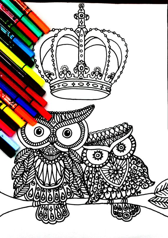 570x805 Royal Owl Family Coloring Page, With Many Details, Complex Drawing