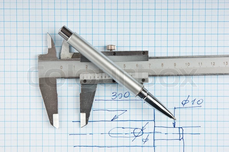 800x532 Technical Drawing And Callipers With Pen On Graph Paper Stock
