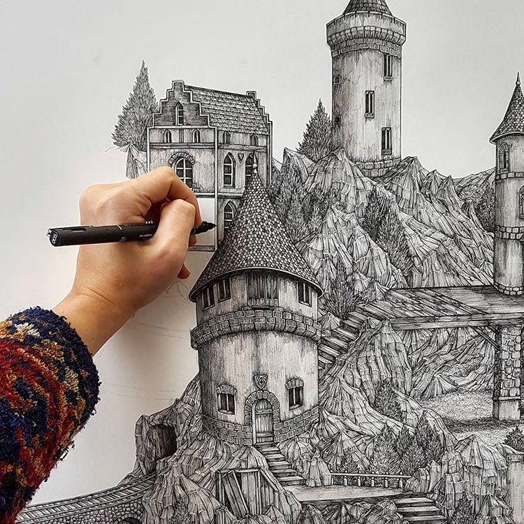 750x750 Artist Creates Detailed Pen And Ink Drawings Of Imaginary Landscapes