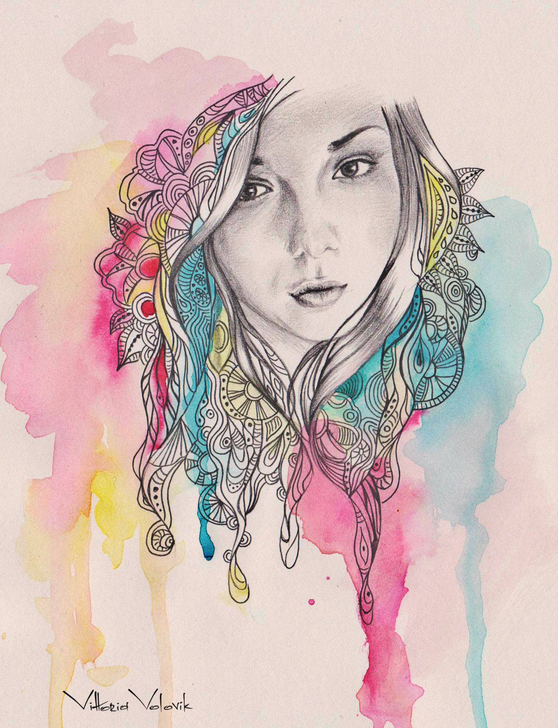 1151x1500 Original Custom Portrait, Mixed Technique, Watercolors, Pencil