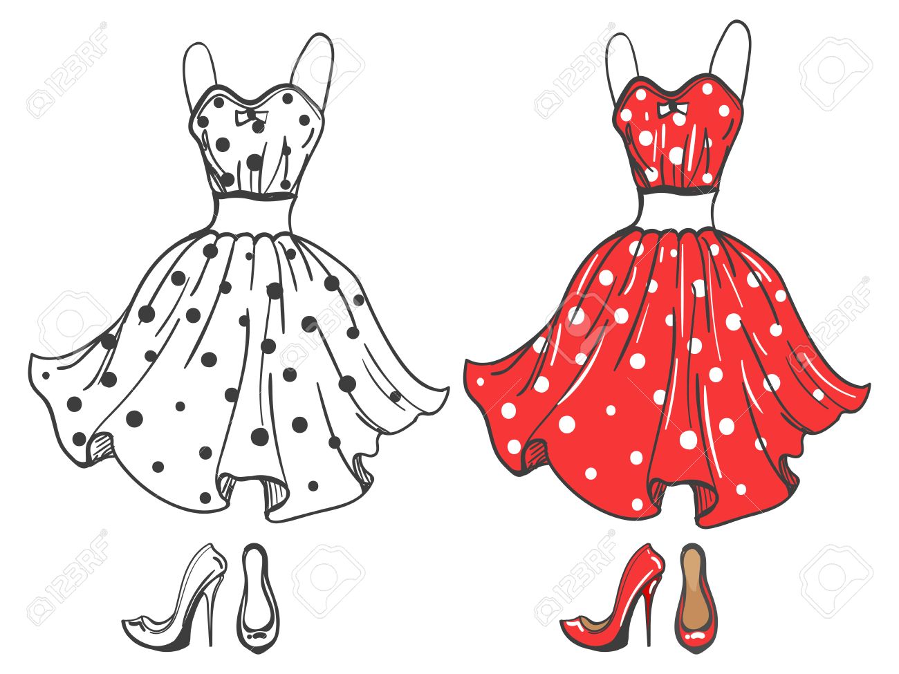 1300x975 Fashion Polka Dot Dress And Shoes. Vector Dress Sketch And Cartoon