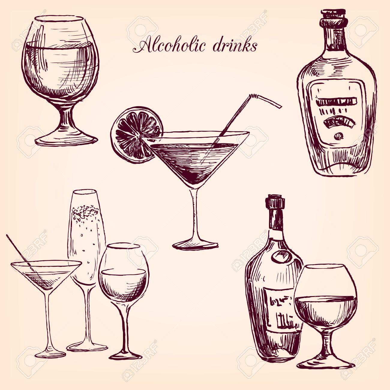 1300x1300 Set Of Alcohol Drinks, Ink Drawing Wineglass And Bottles,hand