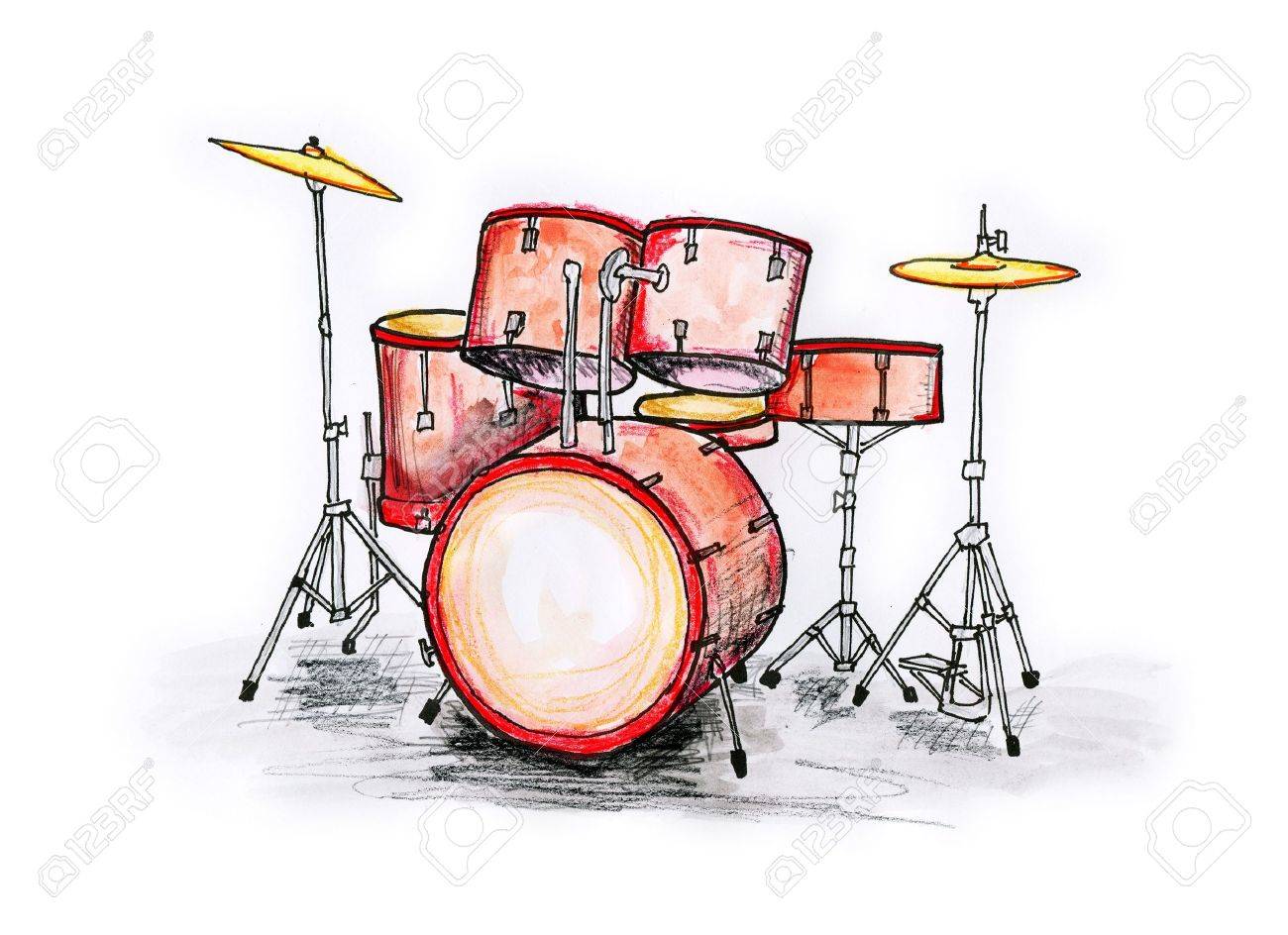1300x944 Hand Drawn Illustration Of A Drum Set On White Background Stock