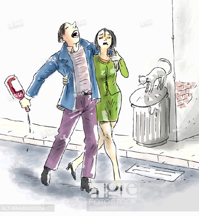 699x760 Woman Walking With Drunk Man, Stock Photo, Picture And Royalty