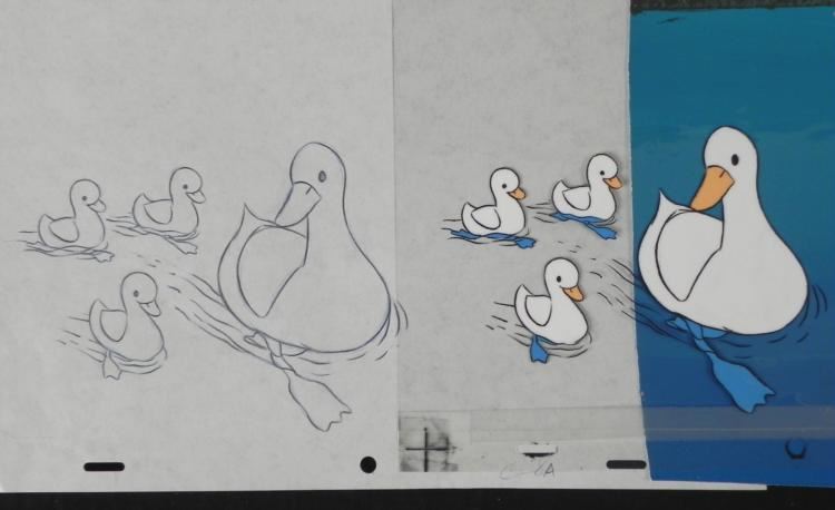 750x458 Ducks Orig Cel Background Drawing Pond Animation Art