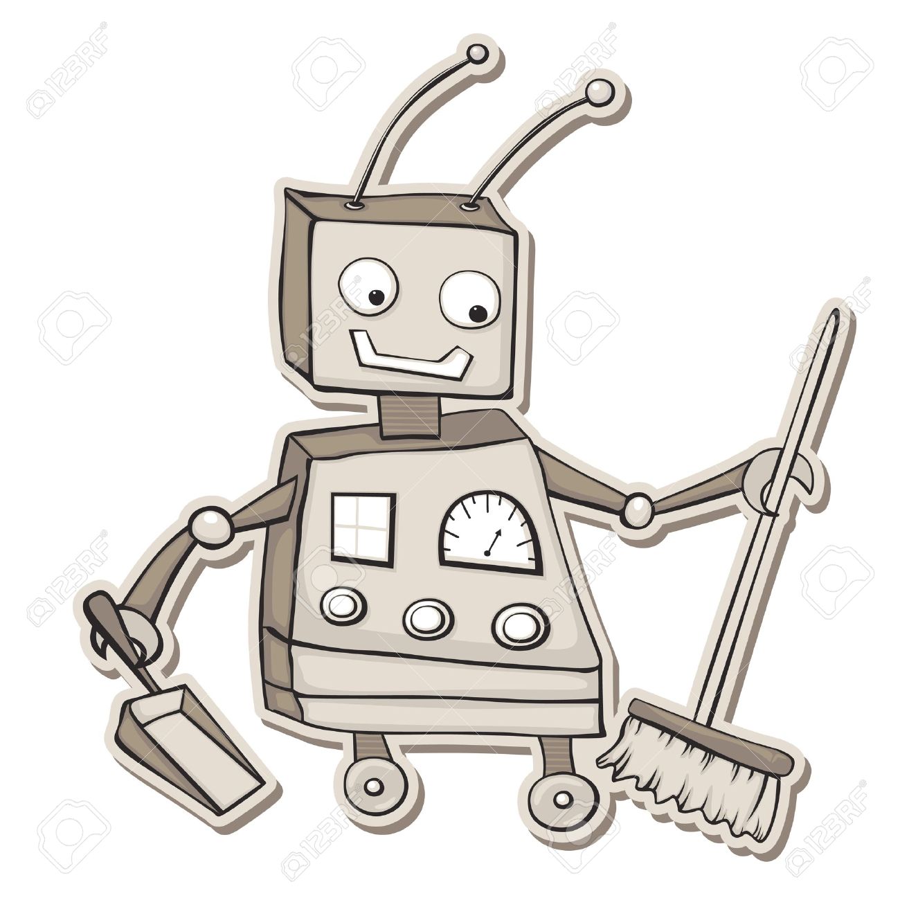 1300x1300 Retro Style Cartoon Robot With Broom And Dustpan. Royalty Free