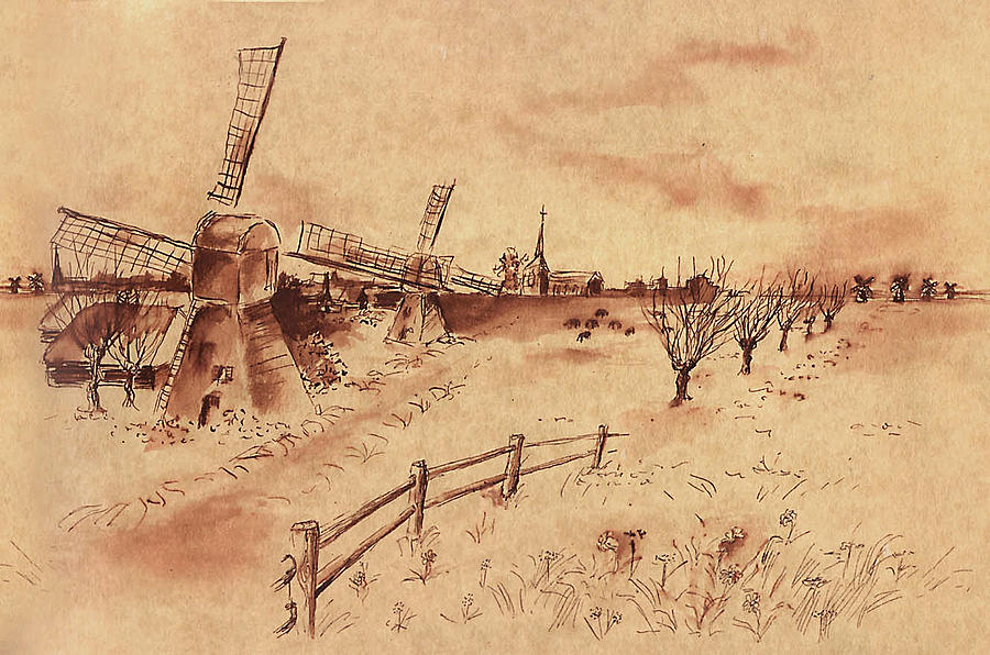 900x596 Dutch Windmills Drawing By Ernestine Grindal