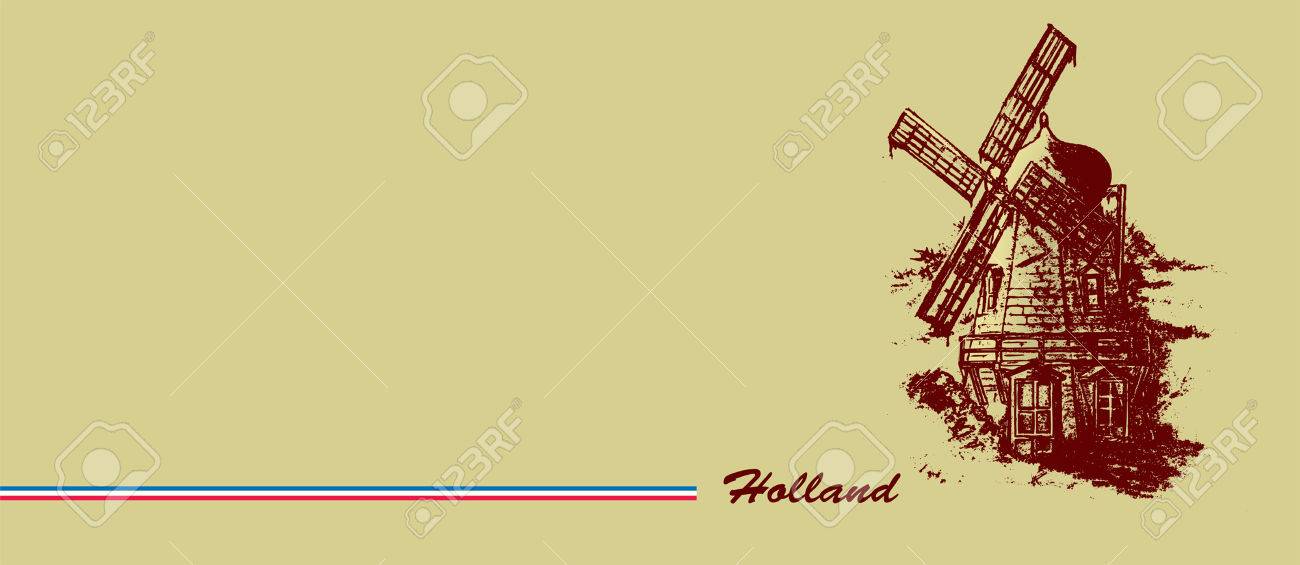 1300x565 Old Dutch Windmill. Pencil Drawing Banner Design Royalty Free