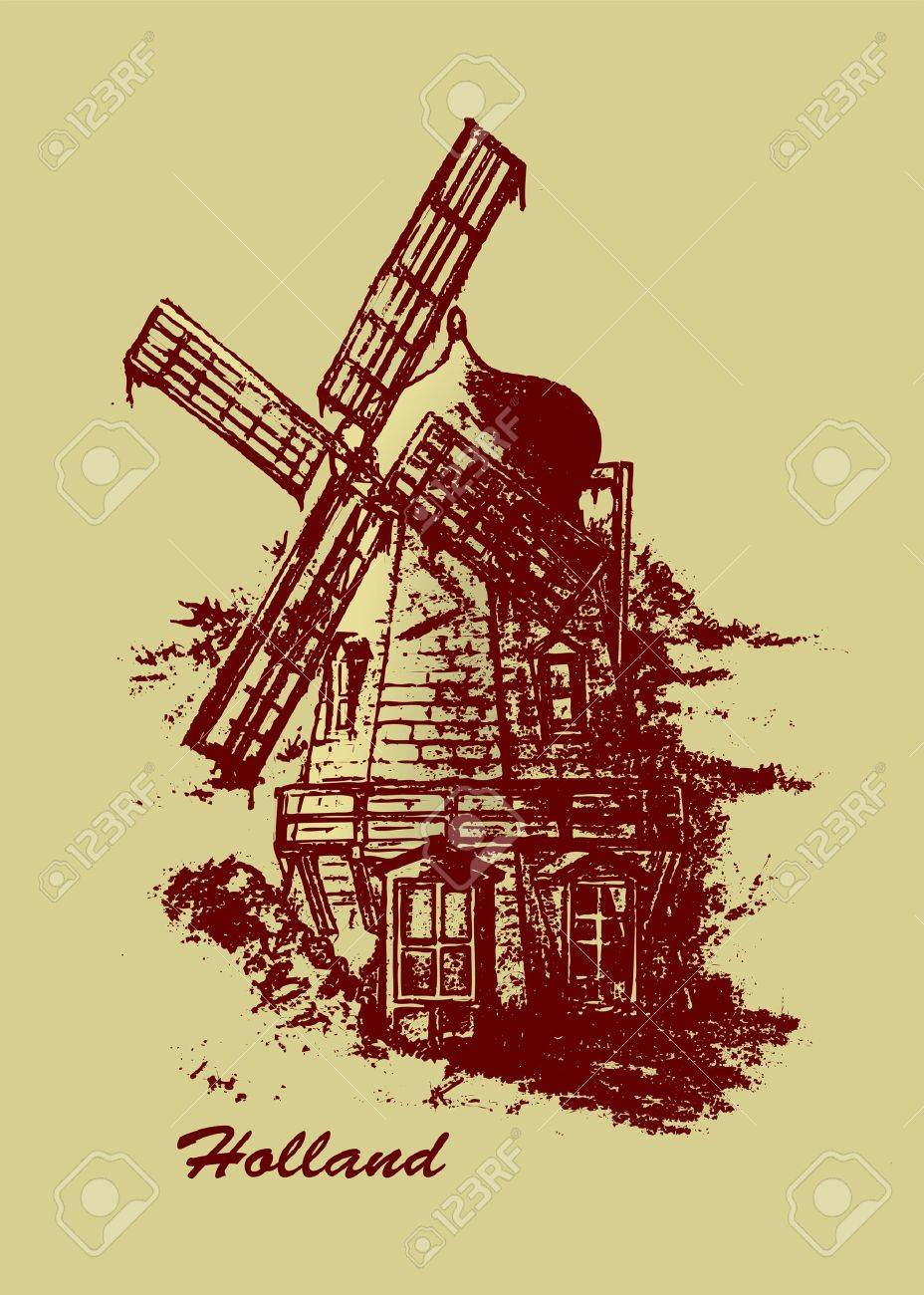 928x1300 Old Dutch Windmill. Pencil Drawing Vector Illustration Royalty