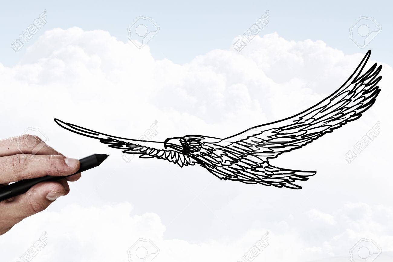 1300x866 Person Drawing Flying Eagle Bird On Sky Background Stock Photo