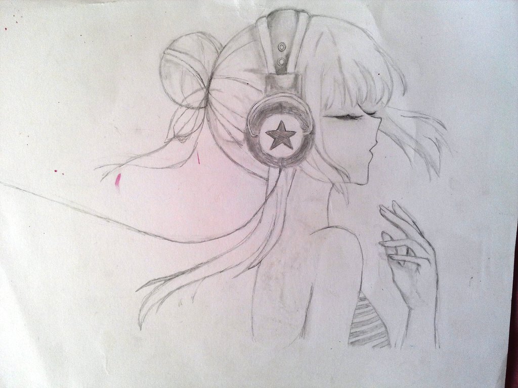 1024x768 Anime Girl With Earphones By Inbar Lee