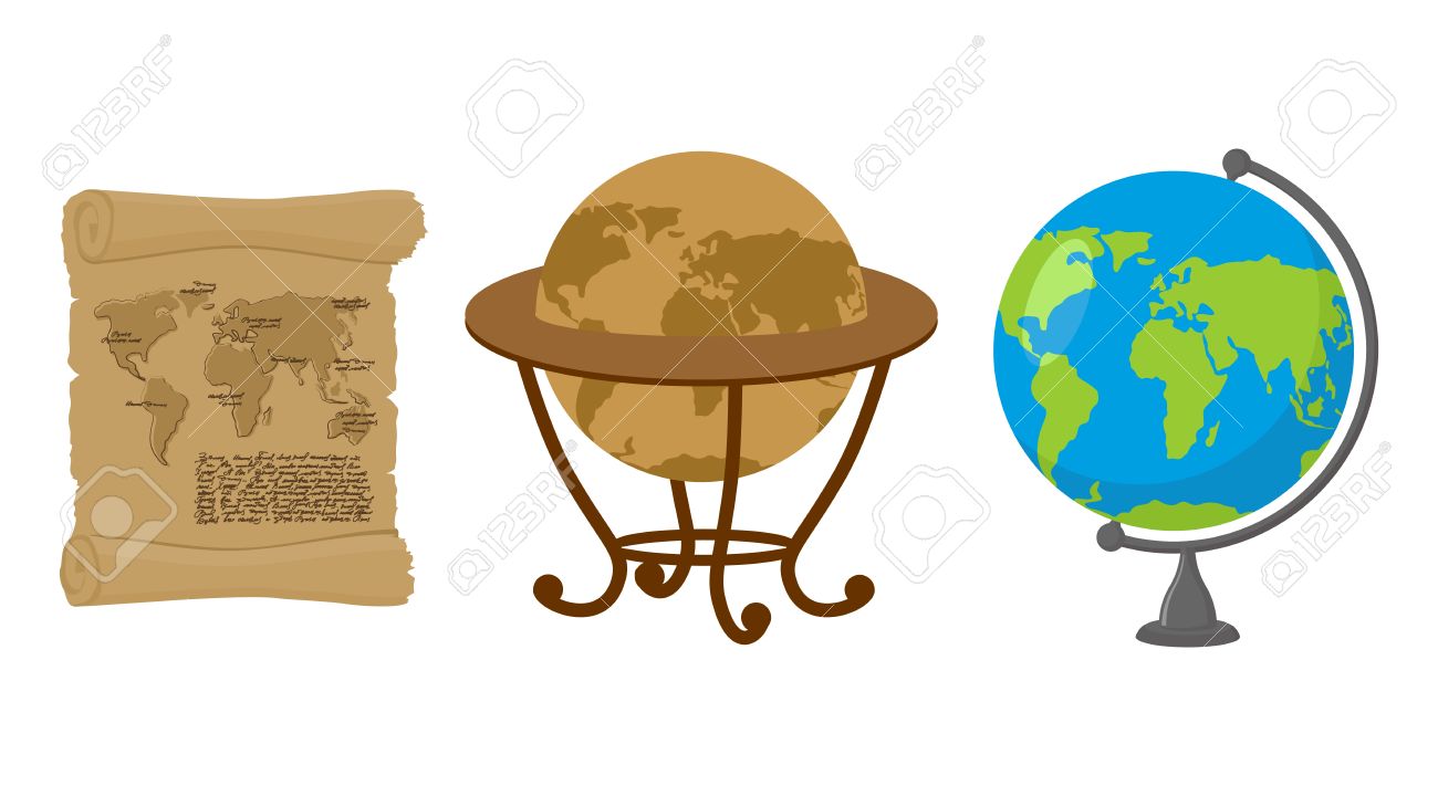 1300x720 Map World. Set Map Earth. Ancient Scroll With Drawing