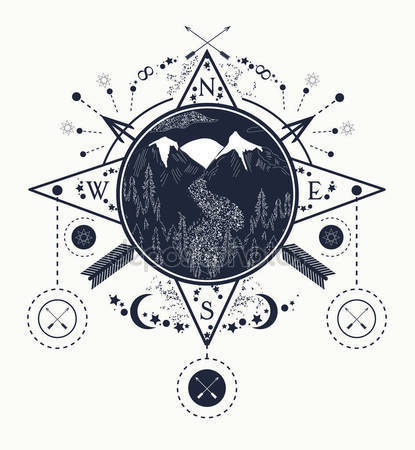 415x450 Arrows, Compass, Drawing, East, Mountains