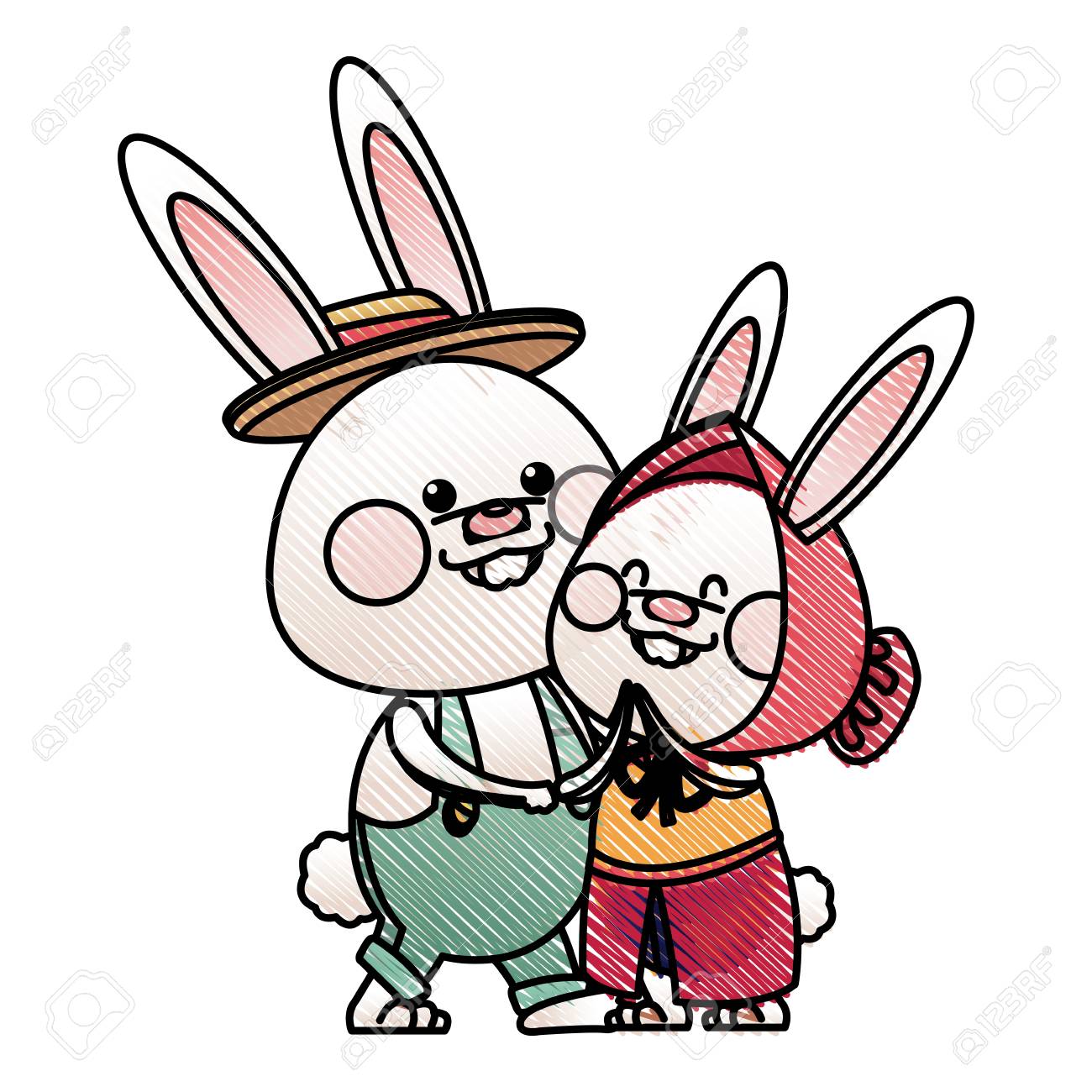 1300x1300 Drawing Lovely Couple Easter Bunny Together Vector Illustration
