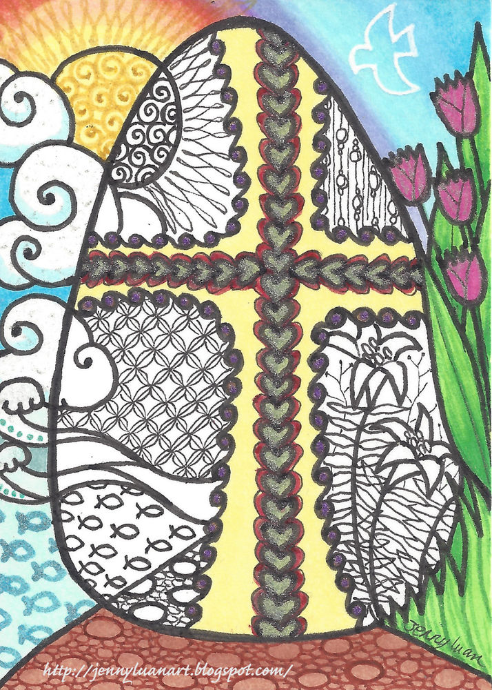 714x1000 Original Aceo Zentangle Cross Drawing Easter Egg Sun Flower Fish