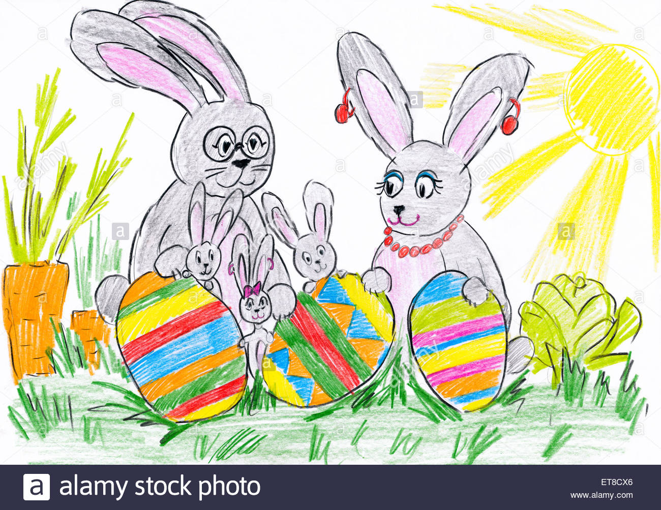 1300x1003 Rabbit Family On Meadow With Easter Eggs. Child Drawing Stock