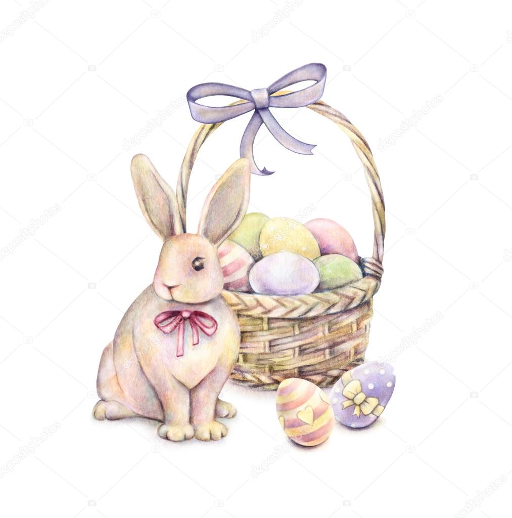 1013x1024 Rabbit With Easter Basket Isolated On A White Background. Color