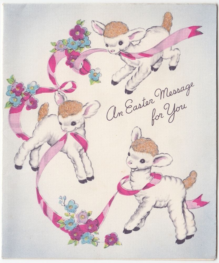 833x1000 Vintage Greeting Card Easter Cute Lamb Flocked Rust Craft 1940s