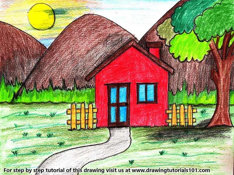 800x597 Learn How To Draw An Easy House Scenery (Scenes) Step By Step